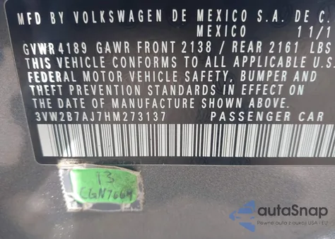 2017 Volkswagen Jetta 1.4T S из США, поврежденный, VIN 3VW2B7AJ7HM273137